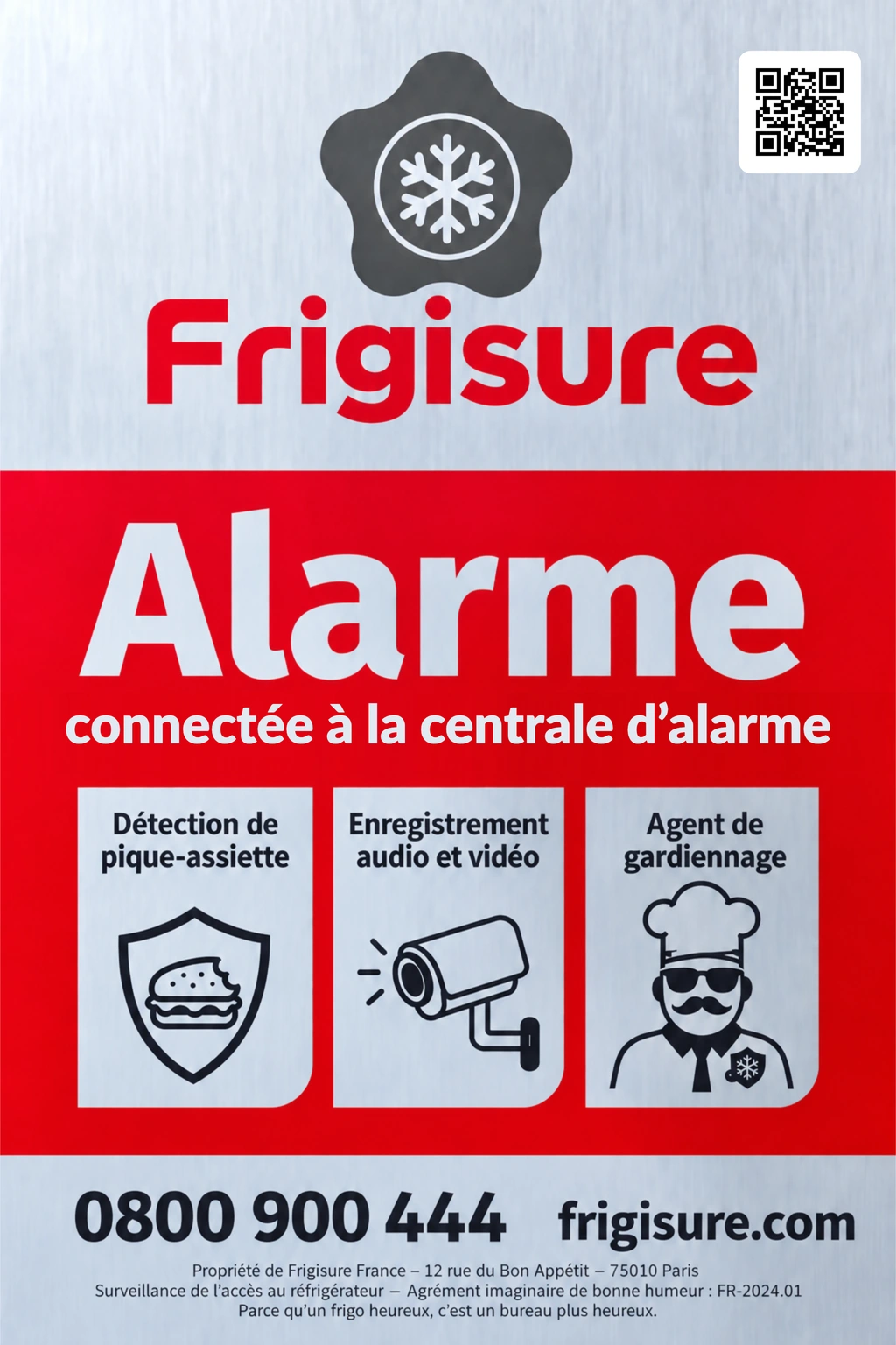 Affiche Frigisure connectée à la centrale d’alarme, avec QR code